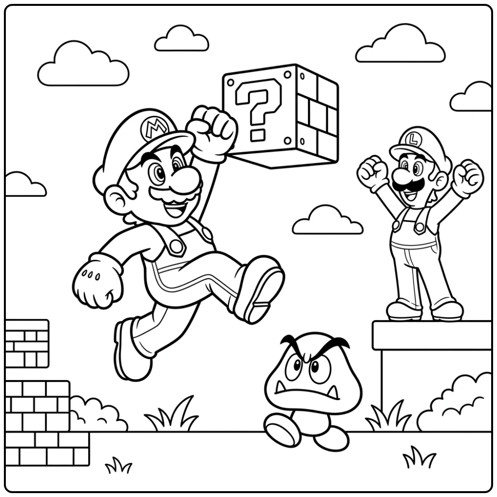 Levendige Mario kleurplaat met Mario, Luigi en een Goomba.