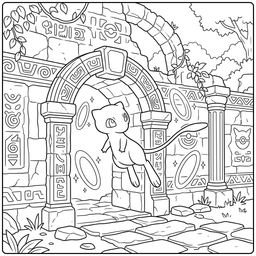 Leuke mew kleurplaat bij een oude ruïne met magische ringen.