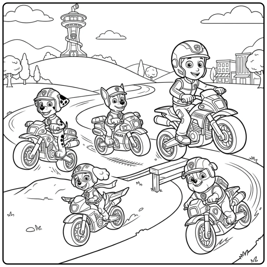 Ryder en de Moto Pups racen op motoren: patrol moto pups paw patrol moto pups kleurplaat