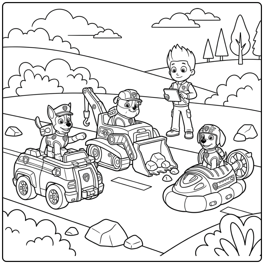 Rubble's bouwvoertuig in actie, paw patrol auto kleurplaat.