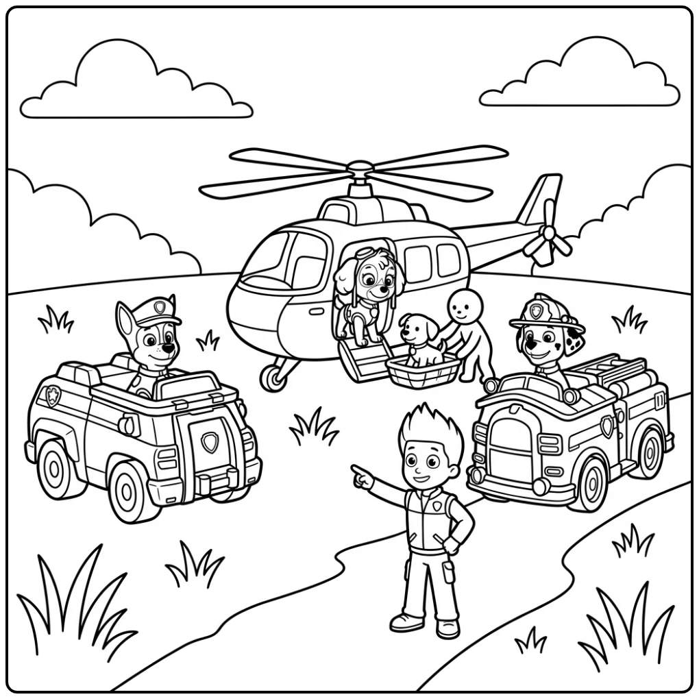 Paw patrol auto kleurplaat: Skye landt met helikopter voor redding