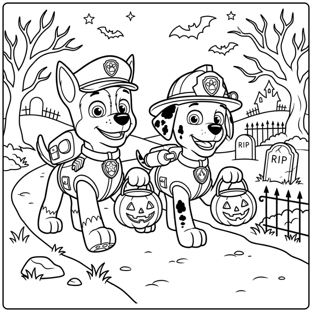 Chase en Marshall op een griezelige paw patrol halloween kleurplaat met pompoenmanden.