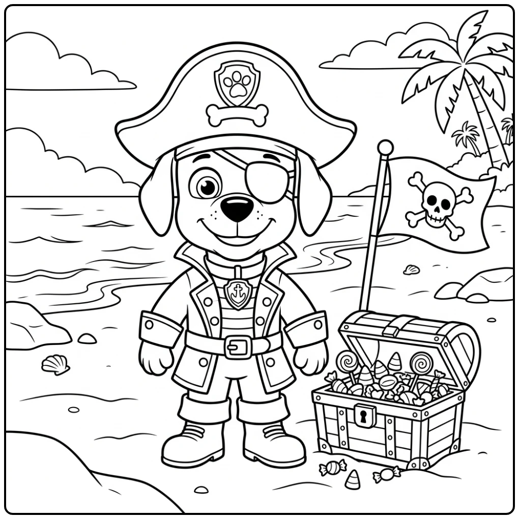 Zuma de piraat met snoepschatkist, perfecte paw patrol halloween kleurplaat