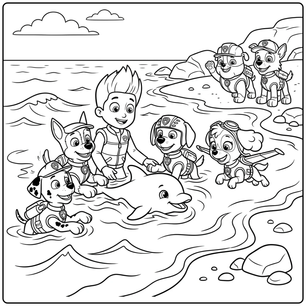 Paw patrol kleurplaat: Ryder en pups redden babydolfijn in zee.