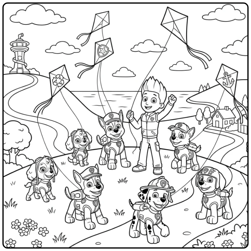 Ryder en pups vliegen vliegers op een heuvel; paw patrol kleurplaat.