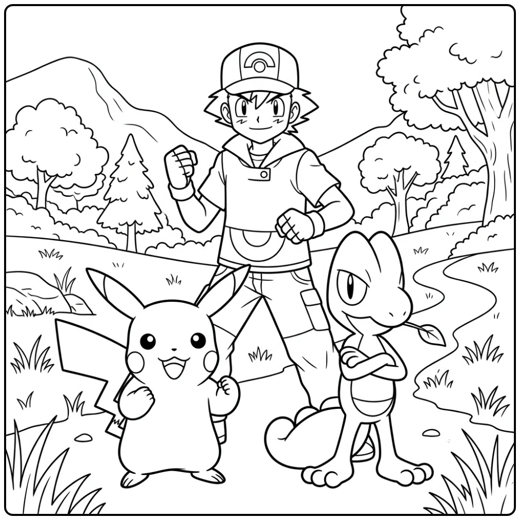 Stoere pikachu kleurplaat met Treecko en Satoshi in actie.