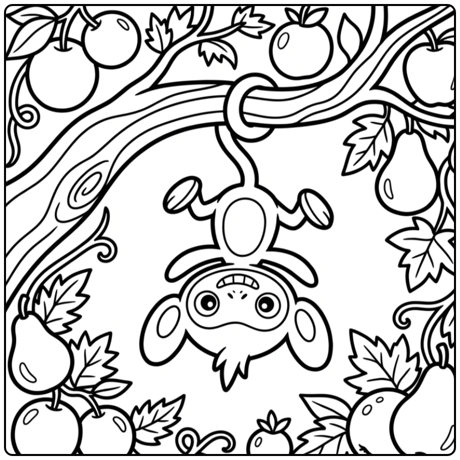 Leuke Pokemon Aipom kleurplaat waar hij aan een tak hangt.
