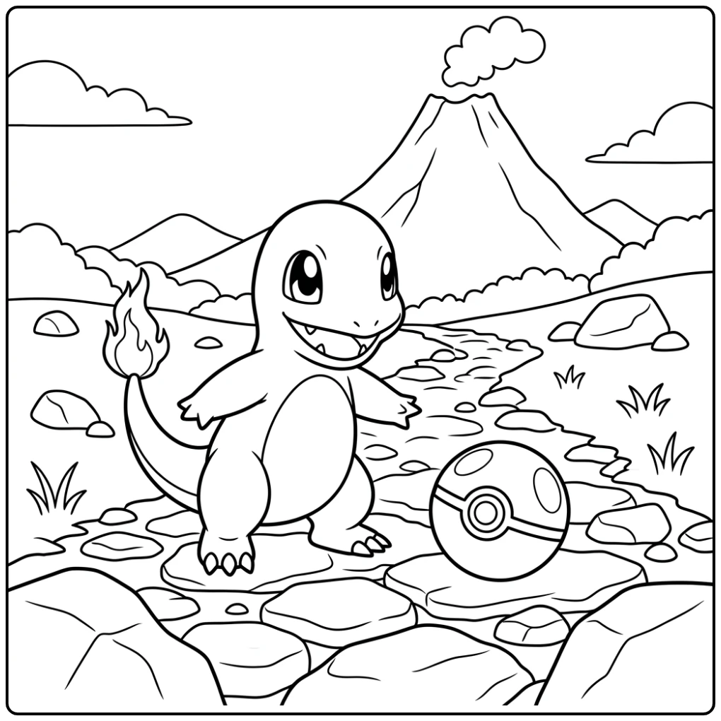Charmander kijkt enthousiast naar een pokemon bal kleurplaat op een pad