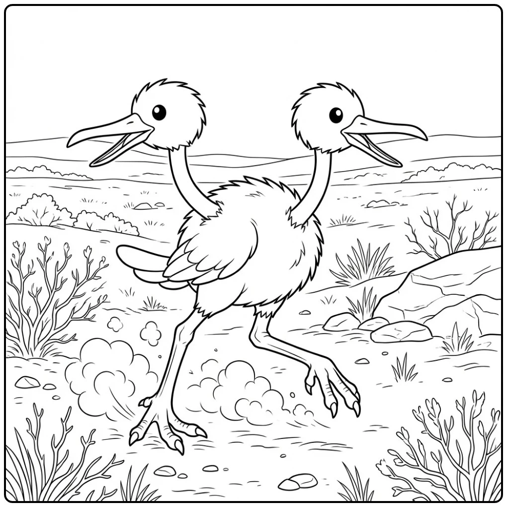 Een rennende Pokemon Doduo kleurplaat op droge grasvlakte.