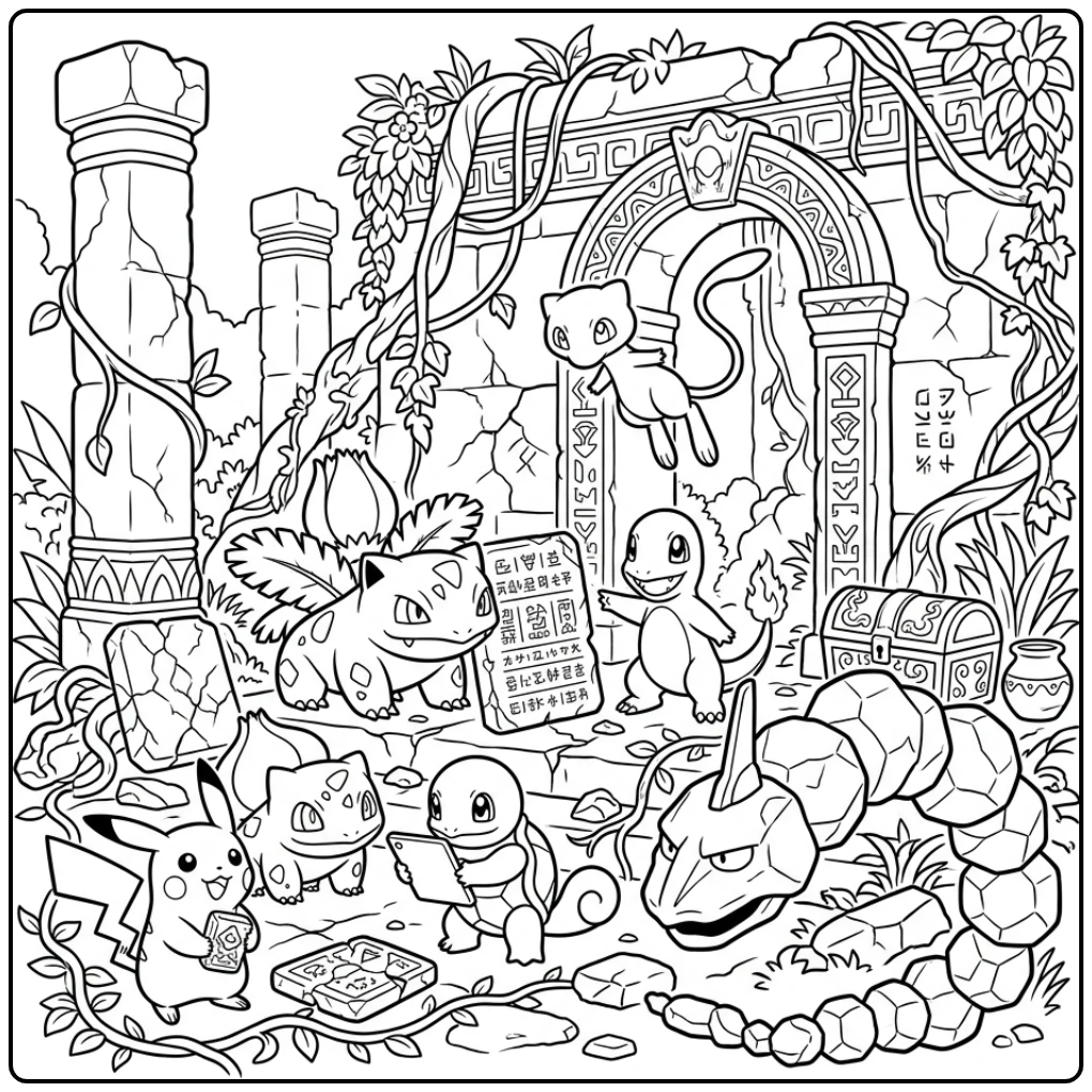 Pokemon kleurplaat met Pikachu en vrienden in een ruïne.