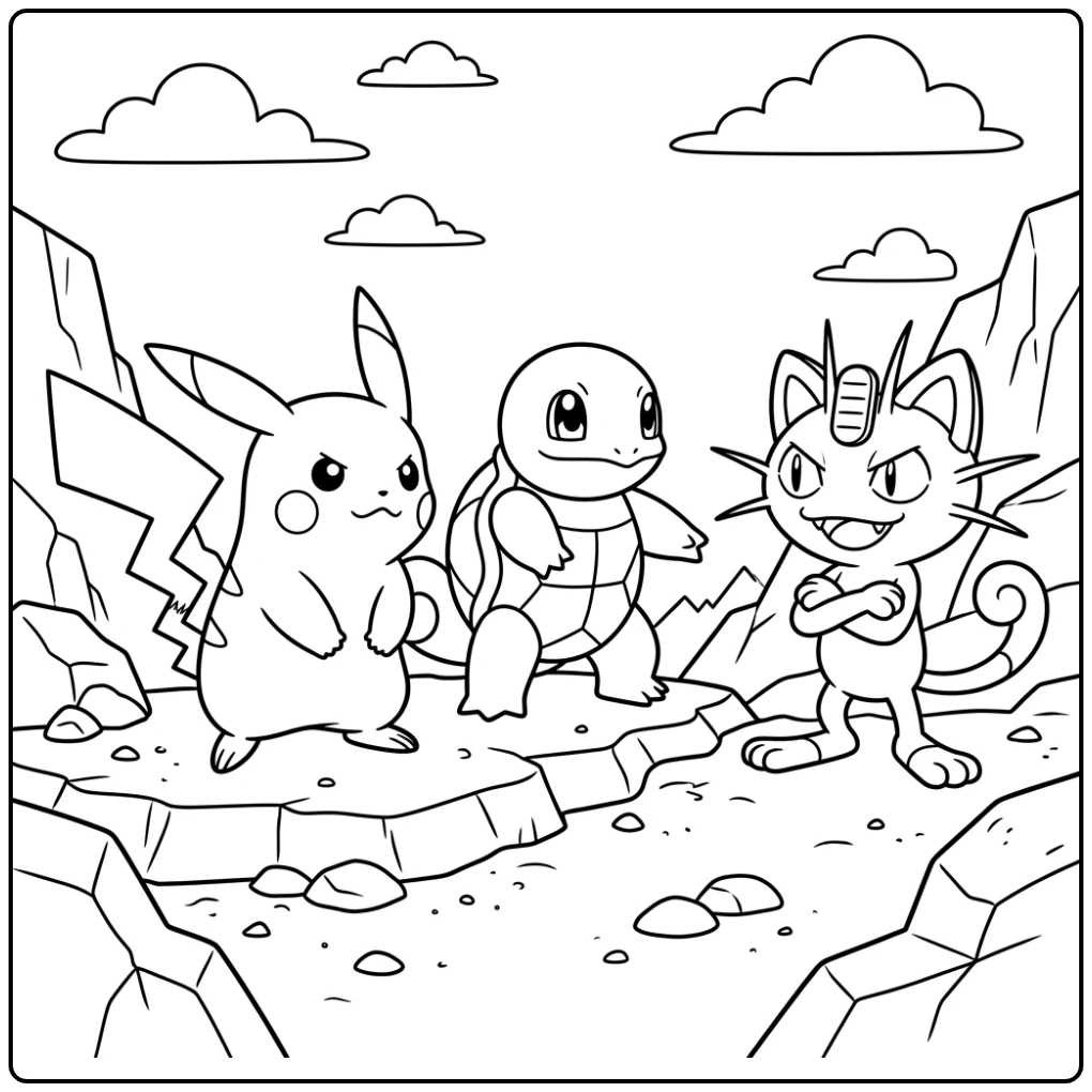 Pikachu & Squirtle vs Meowth, een avontuurlijke pokemon kleurplaat makkelijk.