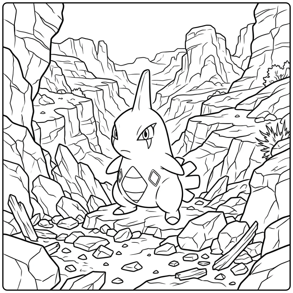 Mooie Pokemon Larvitar kleurplaat in een rotsachtige kloof.