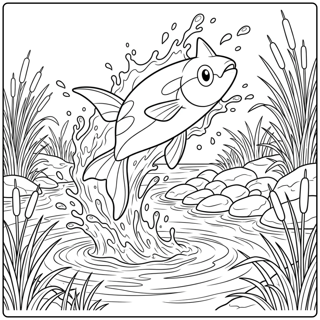 Pokemon Remoraid kleurplaat: Remoraid springt uit het water.