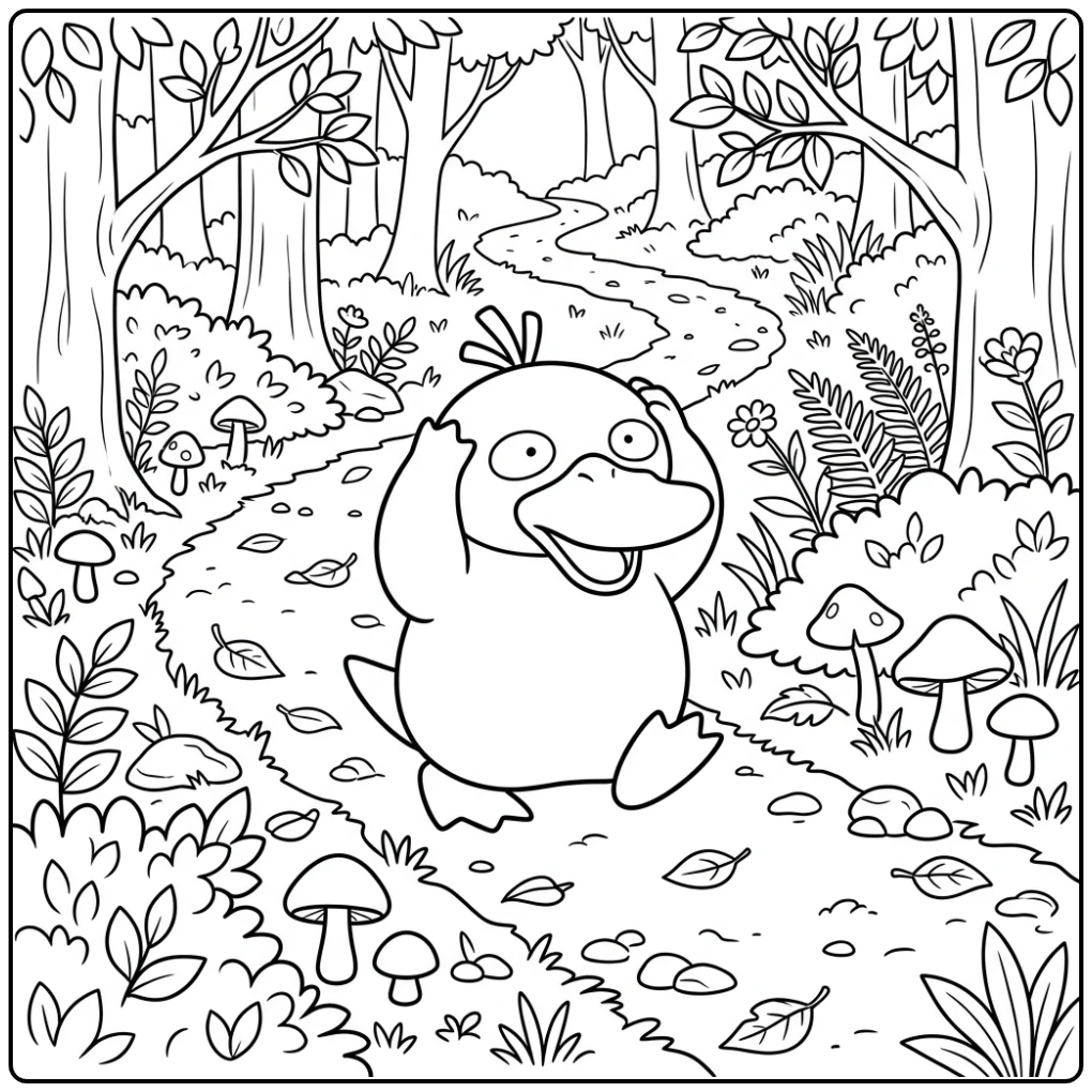 Psyduck kleurplaat van Psyduck verward op bospad met bladeren.