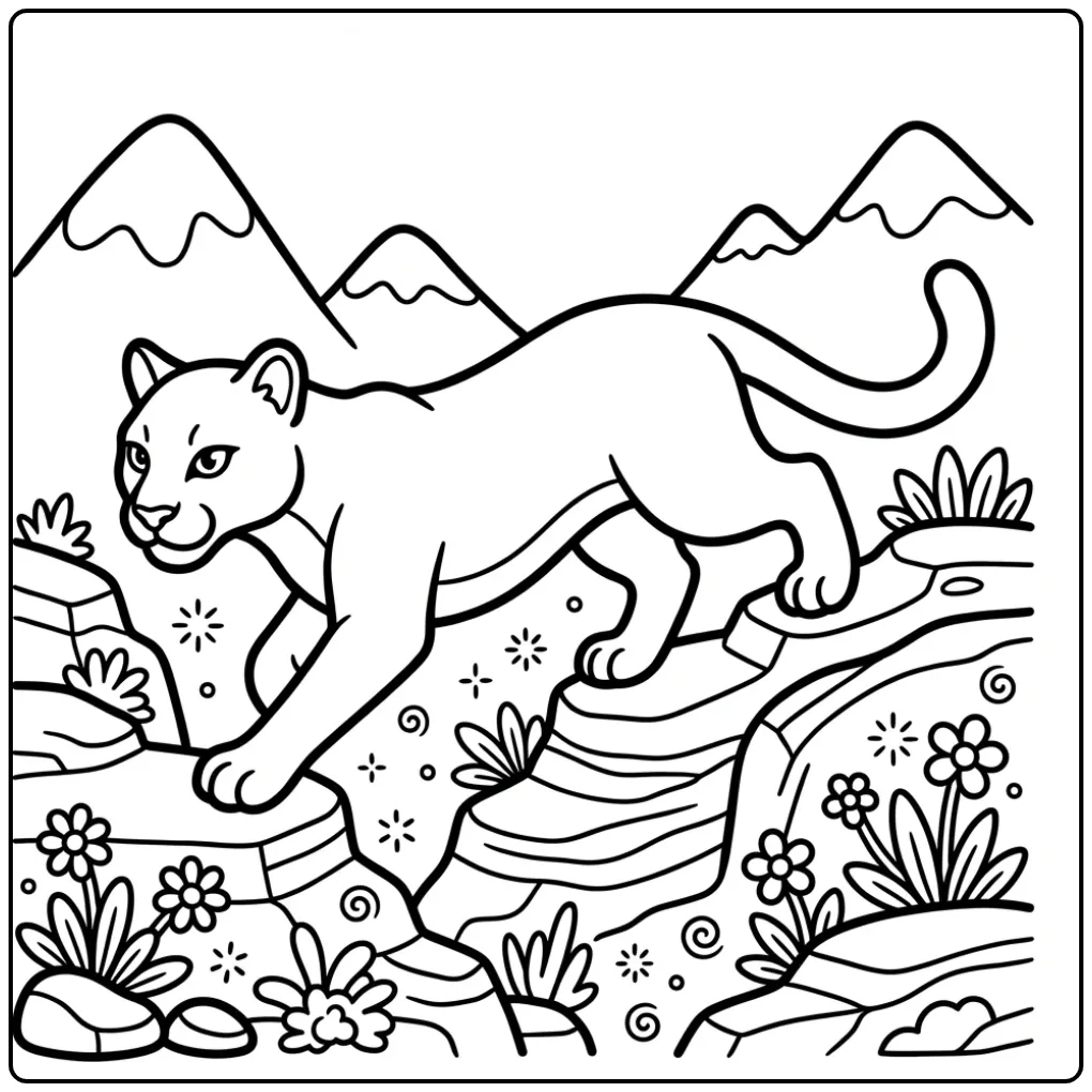 Schattige puma kleurplaat wandelend over rotsige bergtoppen.