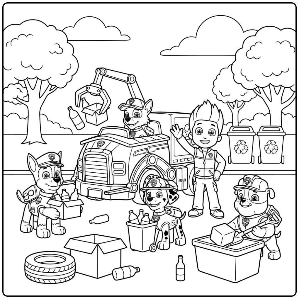 Rocky paw patrol kleurplaat: Recycling missie met Ryder en pups.