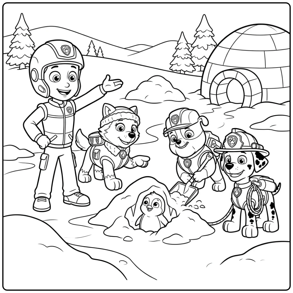 Ryder Paw Patrol kleurplaat: heldhaftige redding van pinguïn met pups.