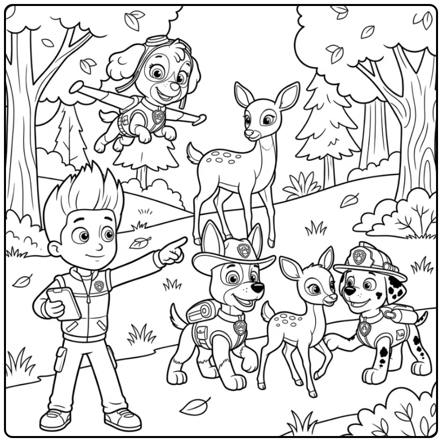 Ryder Paw Patrol kleurplaat: bos redding met hertje en pups.