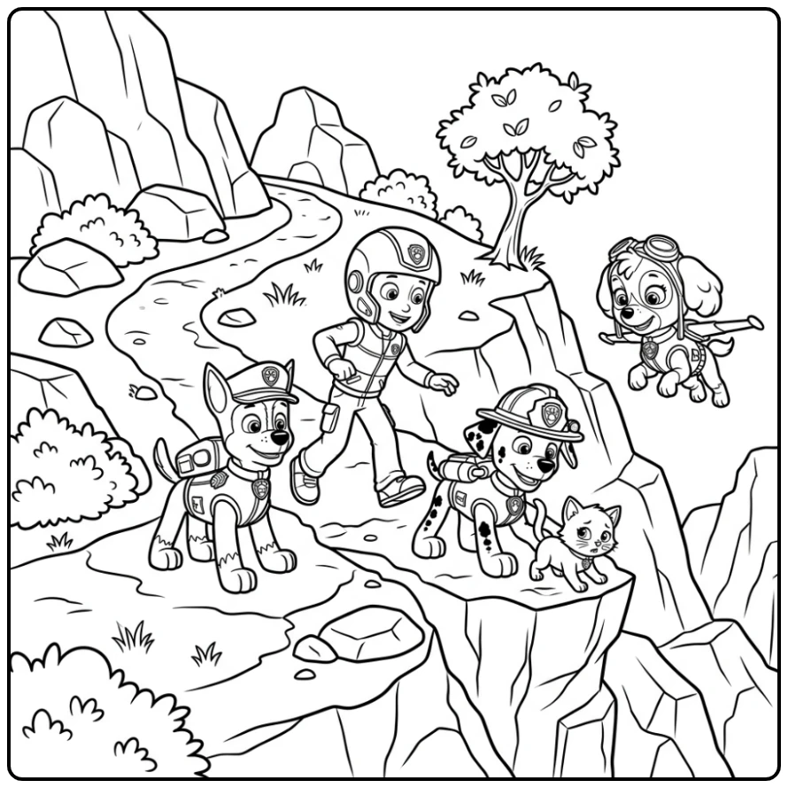 Ryder Paw Patrol kleurplaat: heldhaftige redding van een kitten op rots.