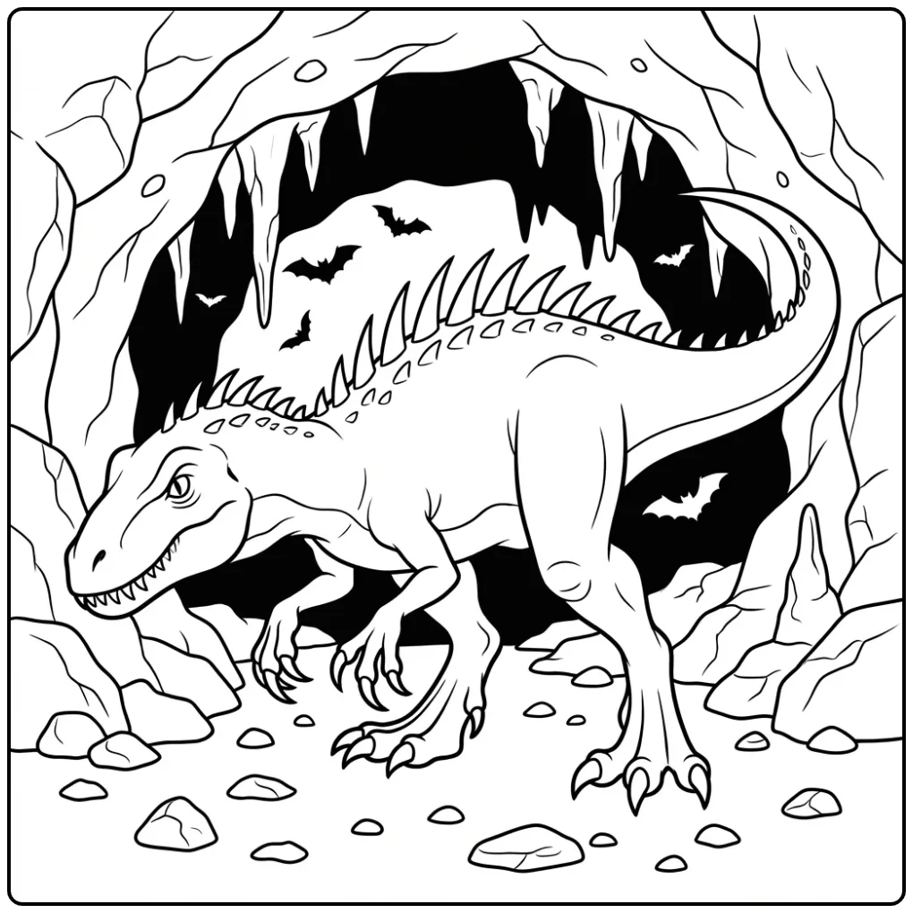 Een spannende scorpius rex kleurplaat bij de grot.