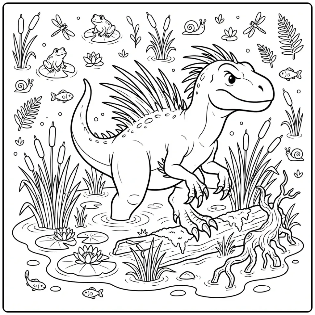 Een leuke scorpius rex kleurplaat in een mistig moeras.