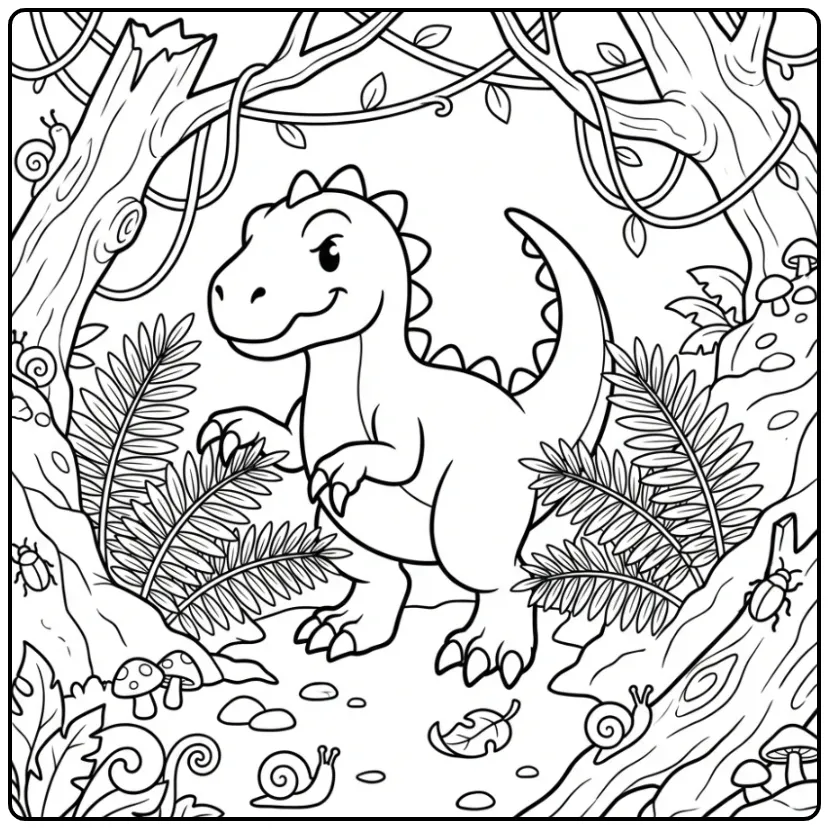 Schattige scorpius rex kleurplaat in de jungle.