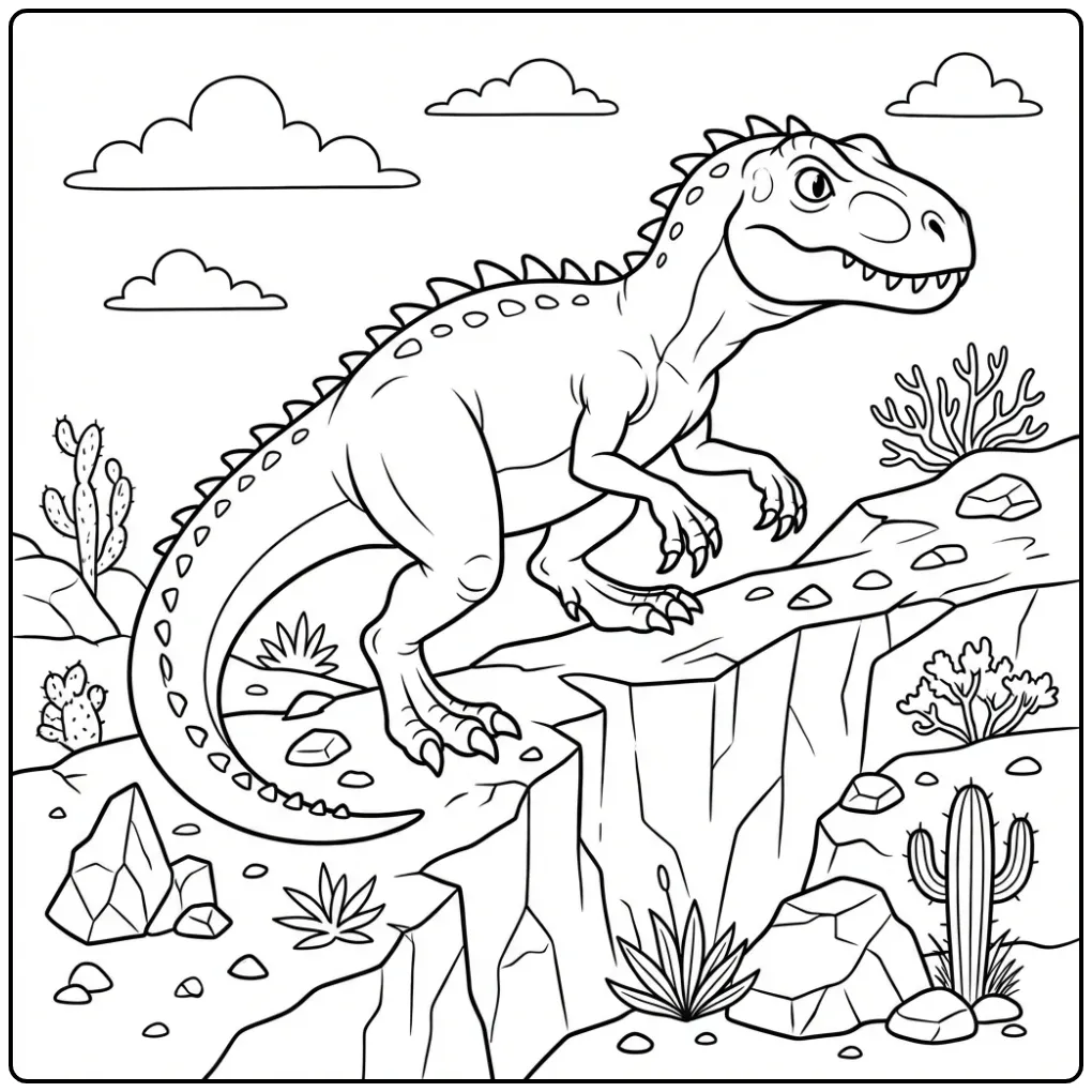 Schattige scorpius rex kleurplaat klimmend op rotsen.
