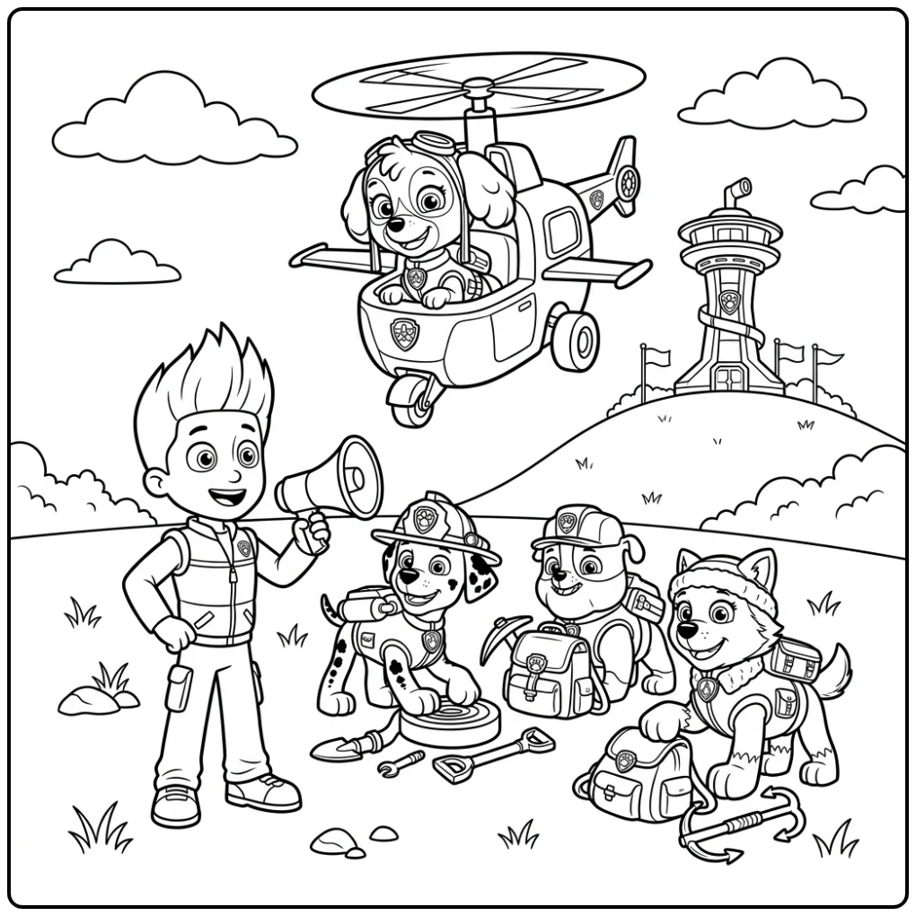 Skye Paw Patrol kleurplaat: Skye zweeft, Ryder instrueert, team bereidt voor.