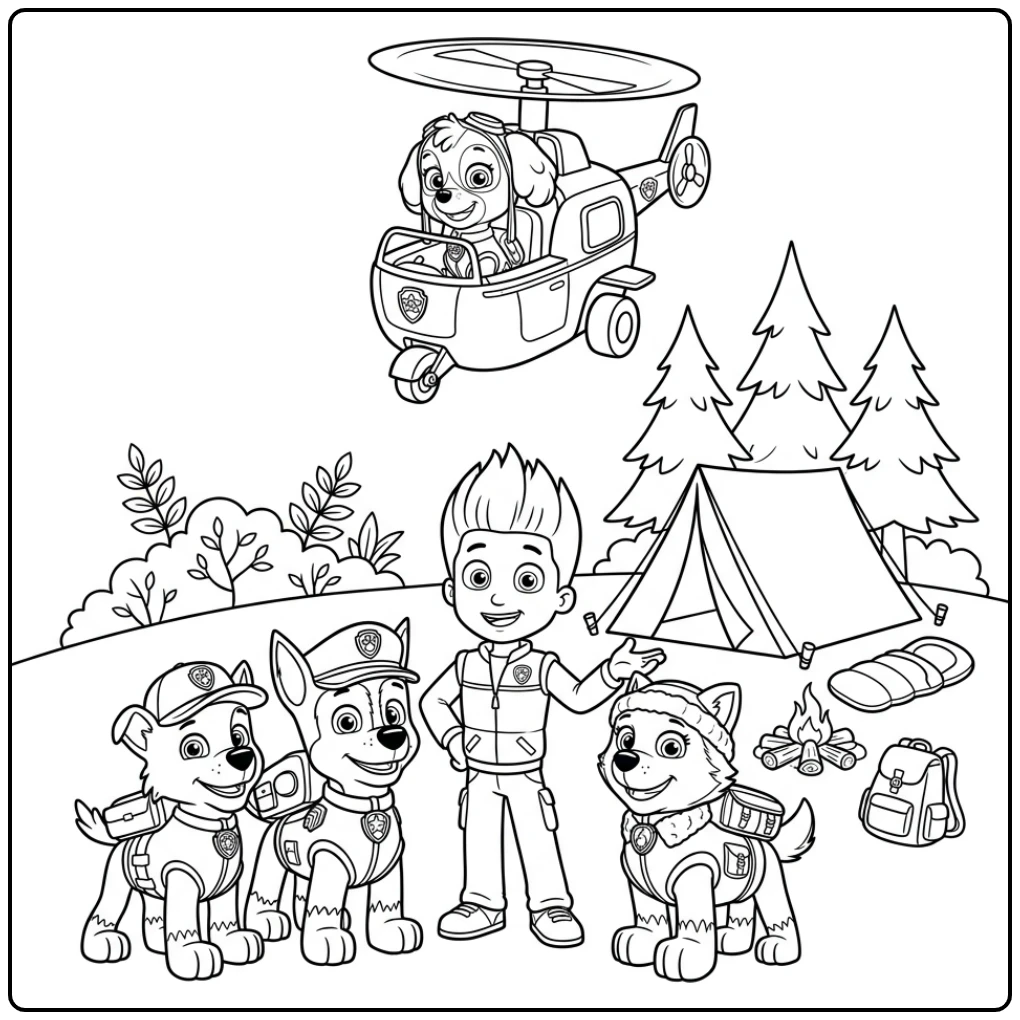 Skye Paw Patrol kleurplaat: Skye zweeft boven team bij de camping