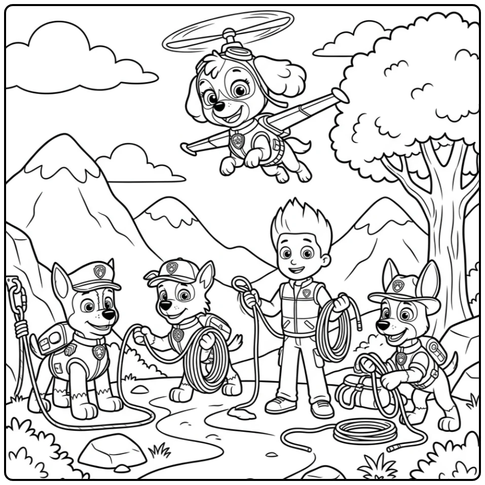 Skye Paw Patrol kleurplaat: Skye zweeft boven Ryder en het team