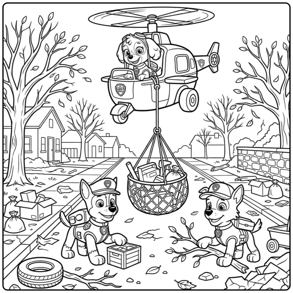 Skye Paw Patrol kleurplaat: Skye helpt met reddingsactie na storm