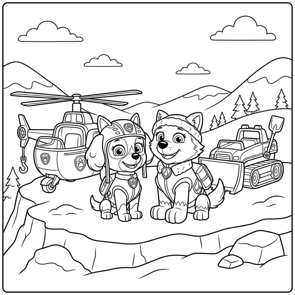 Skye paw patrol kleurplaat van helden Skye en Everest op bergtop