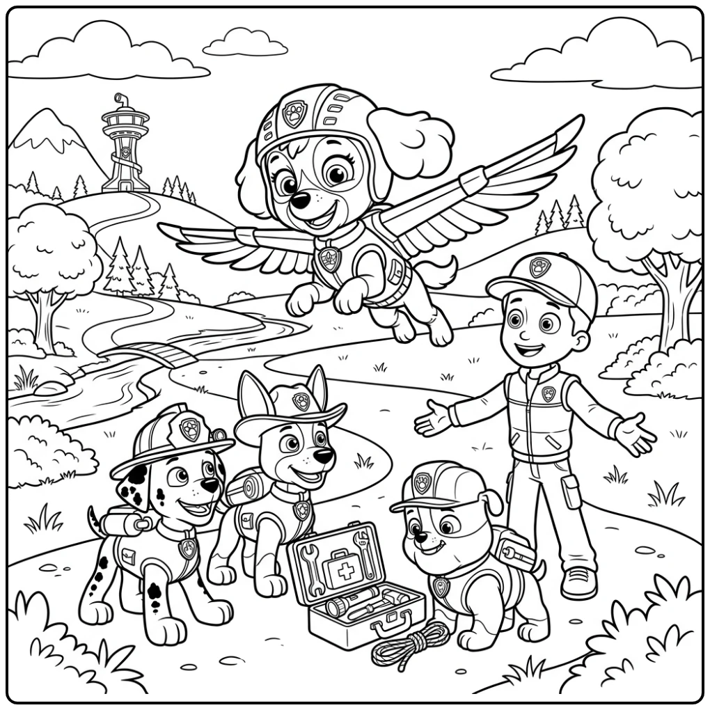 skye paw patrol kleurplaat: Skye landt bij Ryder en haar pupvrienden