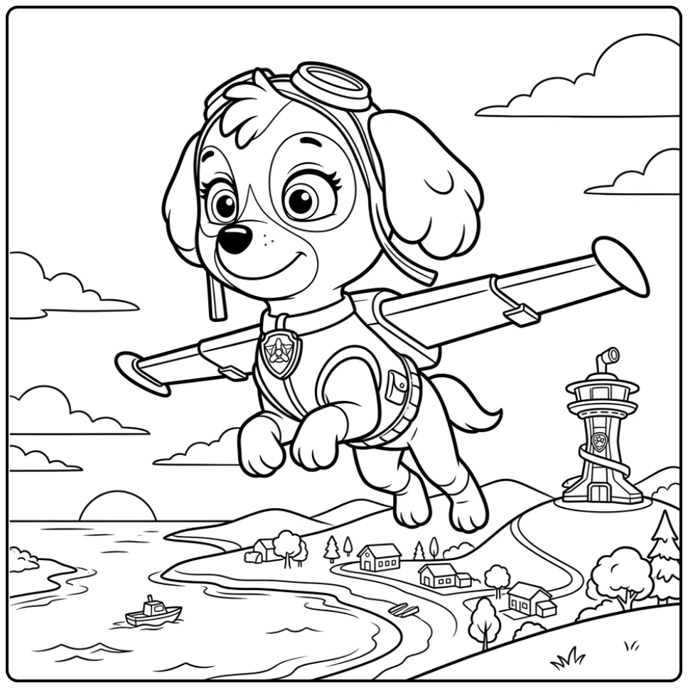 Skye Paw Patrol kleurplaat: Skye zweeft kalm en kijkt naar de horizon