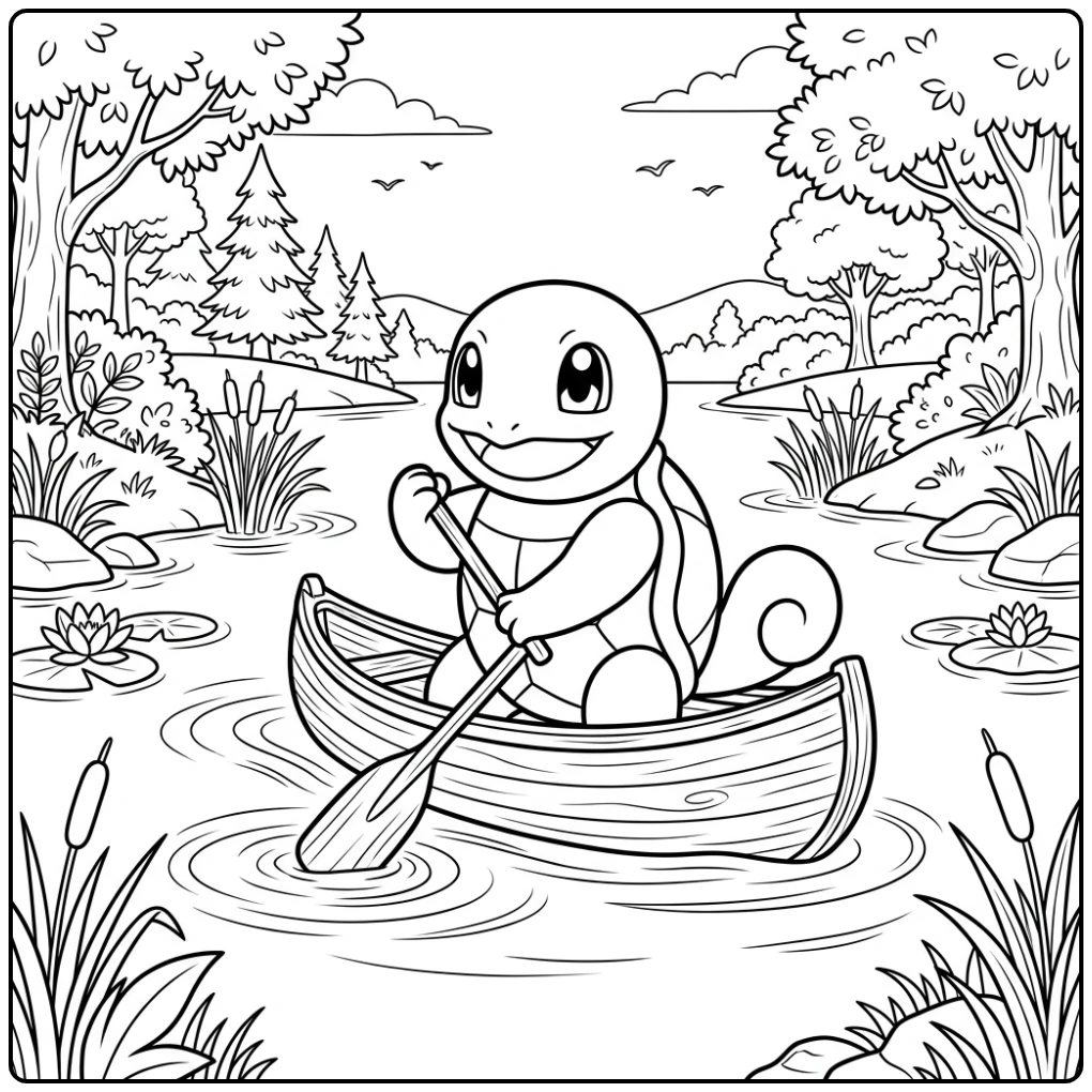 Lachende Squirtle in kano op vijver, perfecte squirtle kleurplaat