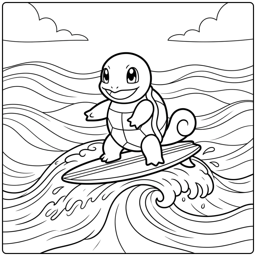 Squirtle kleurplaat: Vrolijke Squirtle surft op een oceaan golf.