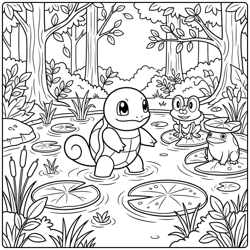 Nieuwsgierige squirtle kleurplaat bij een bosvijver met Froakie en Lotad.