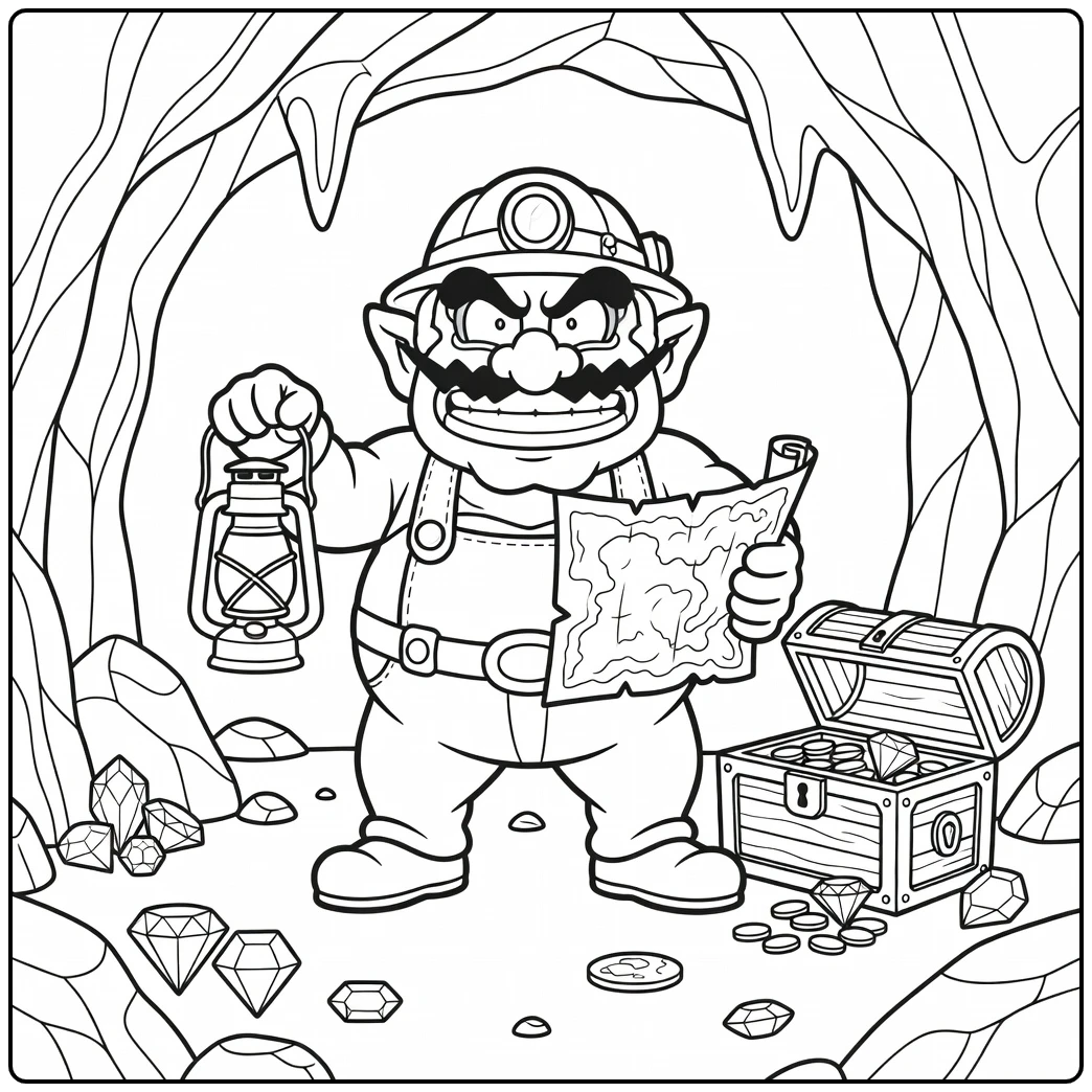 Ontdekker wario kleurplaat in een schatkamer met lantaarn.