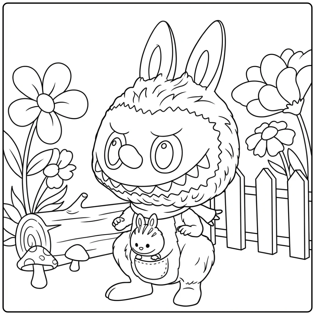 Wasbeer Labubu Kleurplaat in de tuin met bloemen en hek.
