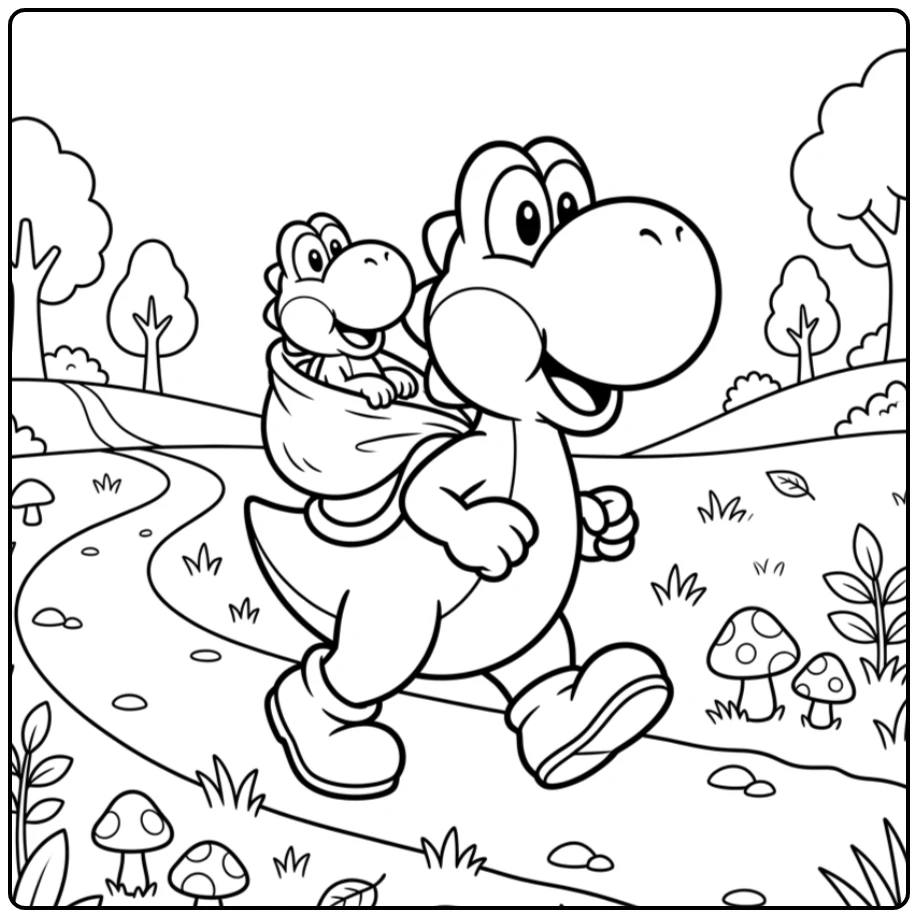Yoshi kleurplaat: Yoshi draagt baby Yoshi op een pad met planten.