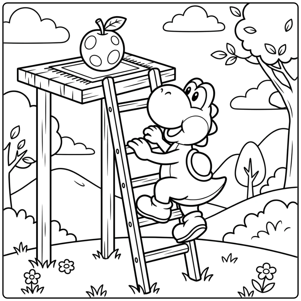 Yoshi kleurplaat: Yoshi klimt naar een platform met een vrucht.