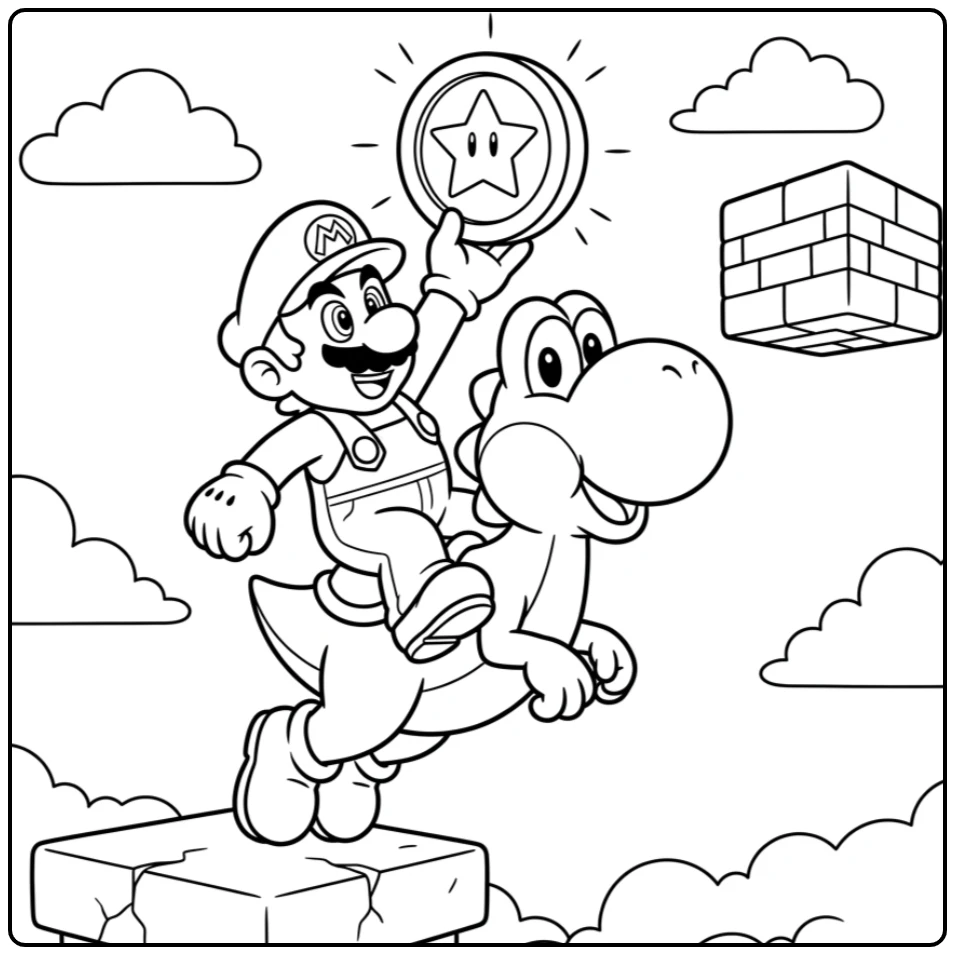 Mario rijdt op Yoshi, springend naar een munt: een yoshi mario kleurplaat.
