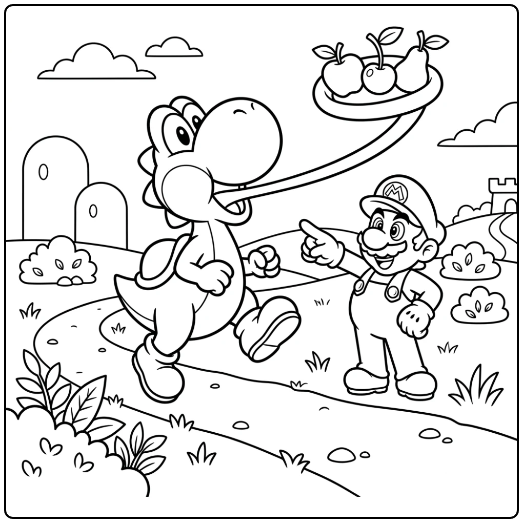 yoshi mario kleurplaat van Yoshi die fruit vangt en Mario wijst