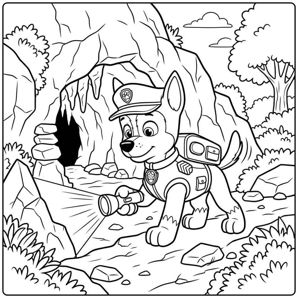 Chase speurt met zaklamp grot in tijdens redding, kleurplaat paw patrol chase.