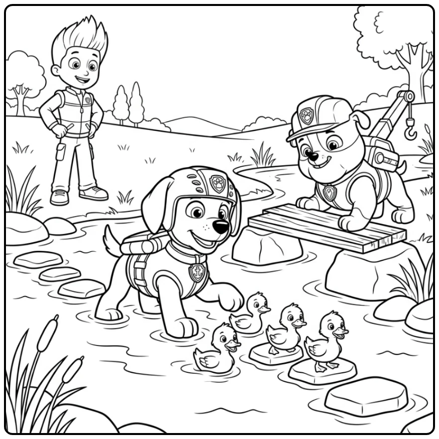 Zuma Paw Patrol kleurplaat: Zuma helpt eendjes veilig oversteken.