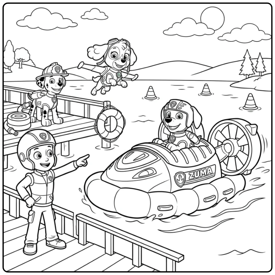 Zuma Paw Patrol kleurplaat: Zuma in zijn hovercraft met Ryder en team