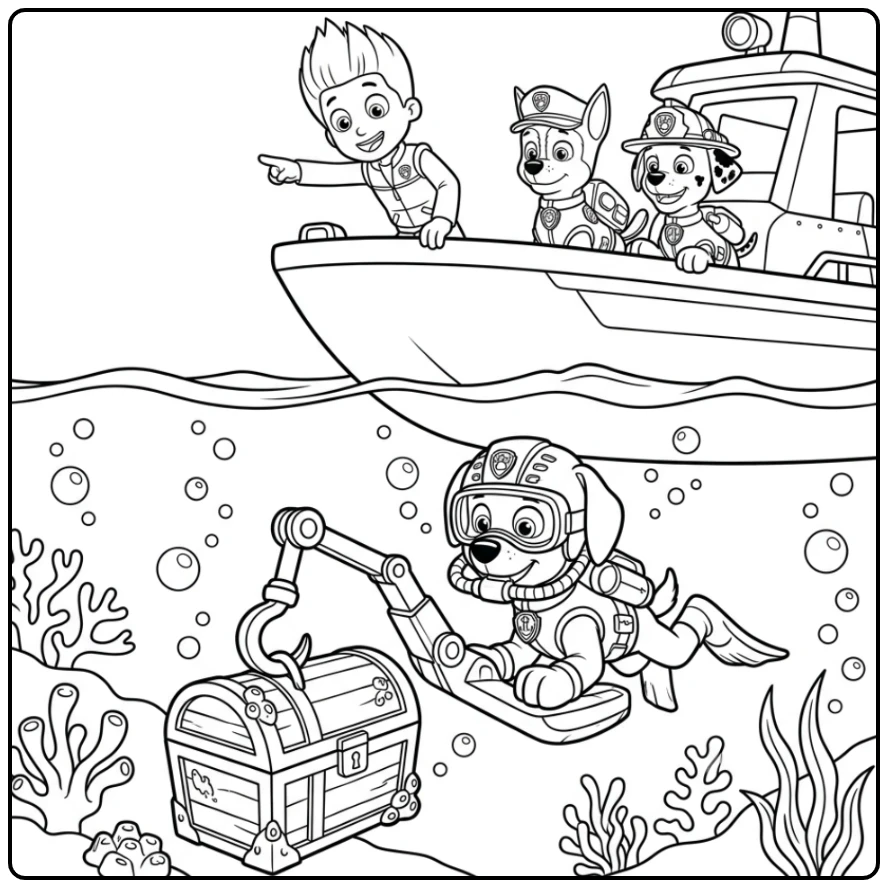 Zuma Paw Patrol kleurplaat: Zuma redt een schatkist van de zeebodem.