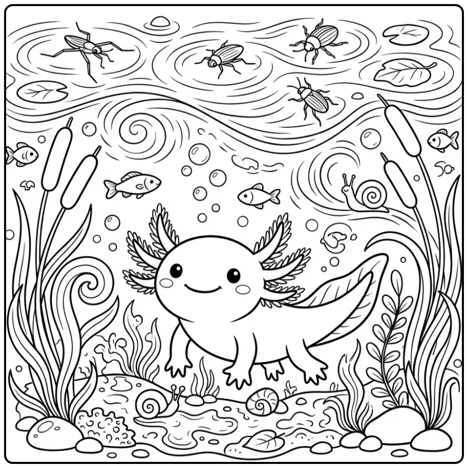 Schattige axolotl kleurplaat in een natuurlijk moeras.