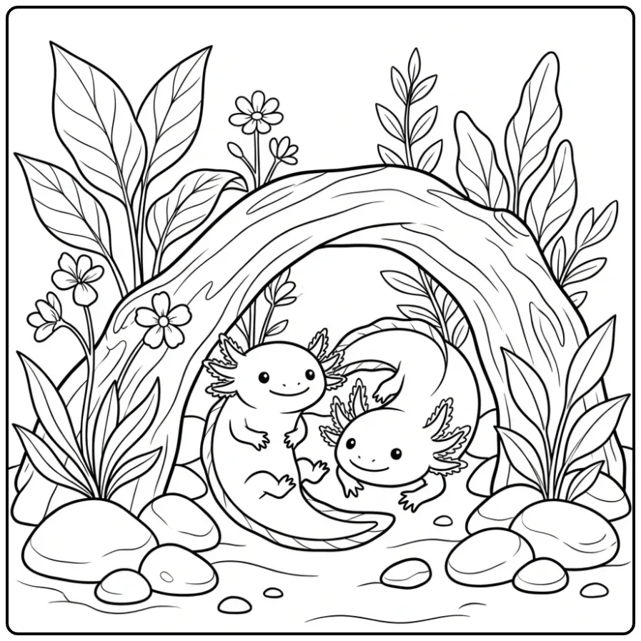 Schattige onderwater axolotl kleurplaat met plantjes.