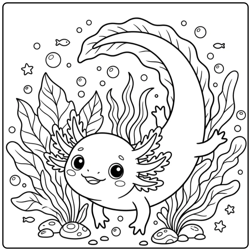 Schattige axolotl kleurplaat tussen de bladeren en bubbels.